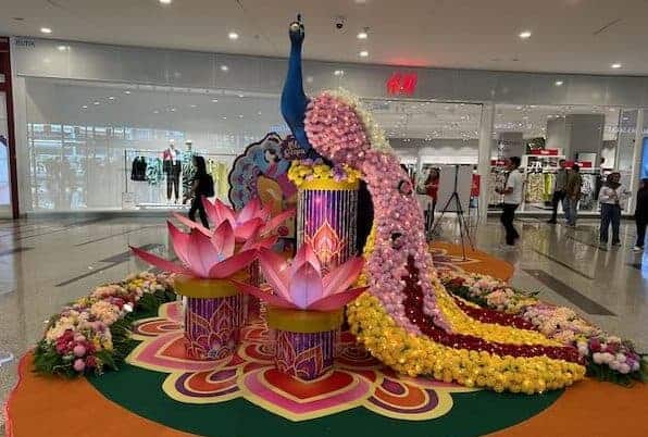 8 foot tall peacock at Sunway Velocity Mall's Blossom Deepavali 2023